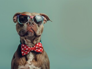 A studio shot of a Pit Bull wearing sunglasses and a bow tie. AI.