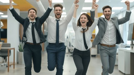 Fototapeta premium Business Success Run: A team of diverse business professionals celebrates a significant achievement, running through a modern office corridor with infectious energy and excitement