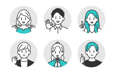 ポジティブな若い男女の顔アイコンセット【人物ベクターイラスト素材】
