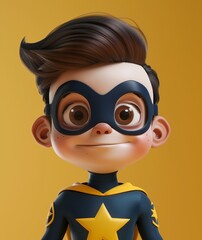 Fototapeta premium Cute Cartoon Boy Superhero Character Illustration with Big Eyes and Star Costume on Yellow Background