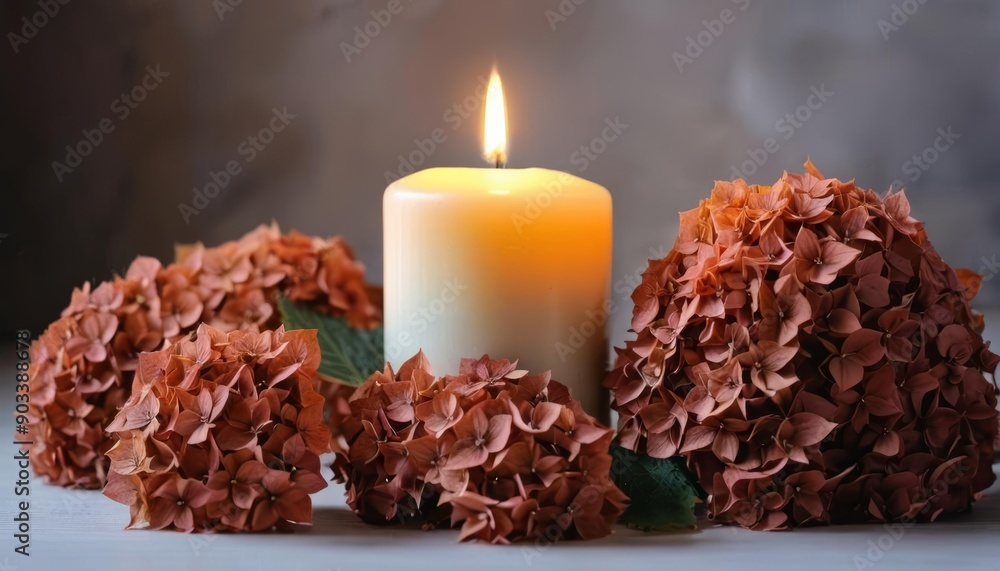 Poster  Warm and cozy ambiance with a flickering candle and autumn leaves