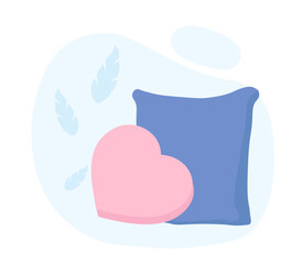 Bed for sleep. Blue and pink pillows. Sleep, dream, rest and recuperation. Comfort and coziness indoors. Poster or banner for website. Linear vector illustration