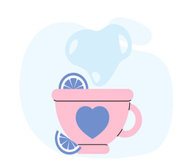 Tea with lemon for sleep. Herbal hot drink with lemon in pink cup. Sleep, dream, rest and recuperation. Graphic element for website. Linear vector illustration