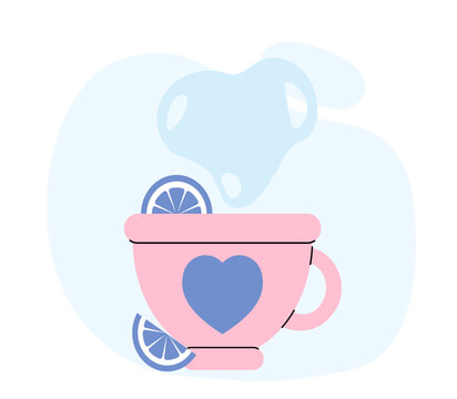 recommend clip art: Tea with lemon for sleep. Herbal hot drink with lemon in pink cup. Sleep, dream, rest and recuperation. Graphic element for website. Linear vector illustration