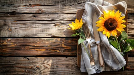 Obraz premium Sunflower on Rustic Wood Board Background for Summer Fall Picnic Place Setting with Copy Space