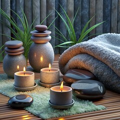 spa, soft towels, aroma oils, massage stones