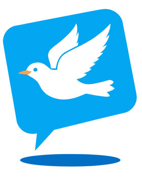 White dove with open beak, flying from speech bubble