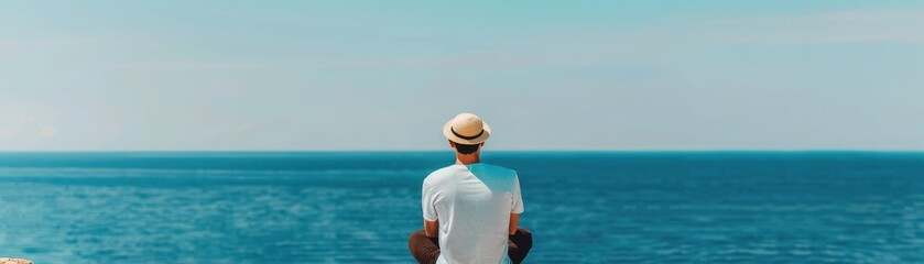 A serene view of a man gazing at the tranquil ocean, embodying peace and solitude under a clear blue sky.