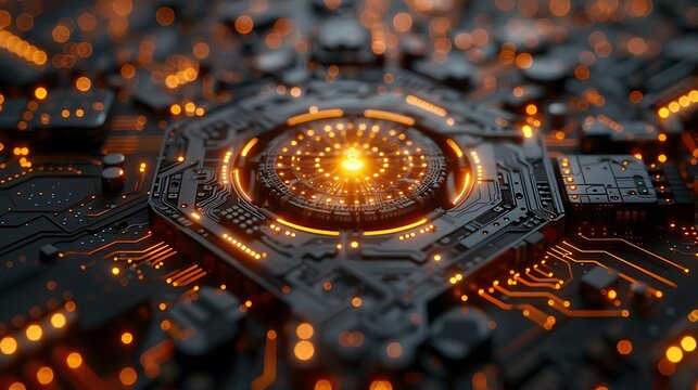 A detailed view of a quantum computer's core processing unit, with glowing circuits and particle effects, in a futuristic lab setting with ambient lighting. Created using: high-resolution camera,