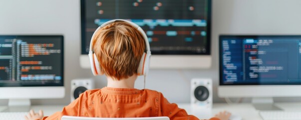 A young child engaged in programming, wearing headphones, and focused on multiple computer screens showcasing code and data.