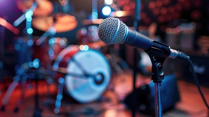 Microphone on Stage with a Blurred Drum Set in the Background