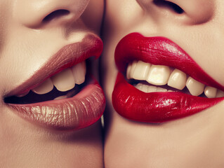 Obraz premium A Tale of Two Lips: A captivating close-up of two women's lips, one adorned in vibrant red, the other in shimmering nude, hinting at a story of contrast and connection. 