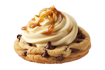 A single drop of thick caramel cream sits on top of a chocolate chip cookie, isolated on a white background.