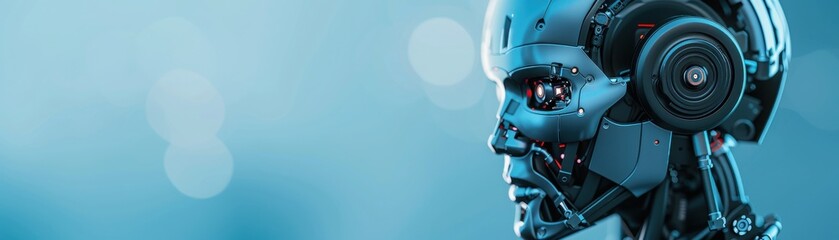 Futuristic robot head with detailed design, showcasing advanced technology and sleek aesthetics against a blue background.