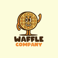 Waffle with smiling face and waving hand mascot logo retro vintage design