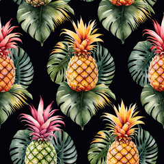 Obraz premium Vibrant Pineapple Pattern with Tropical Leaves