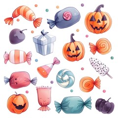 Colorful Watercolor of Assorted Halloween Candy Bags with Festive Motifs