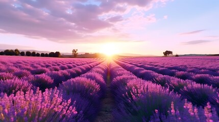A picturesque view of a vast lavender field bathed in the warm glow of a sunset