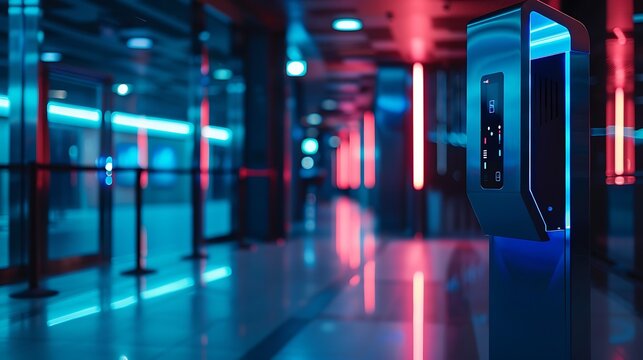 A futuristic biometric security system at the entrance of a high-tech building, featuring a sleek facial recognition scanner and fingerprint scanner, illuminated by bright, ambient lighting.