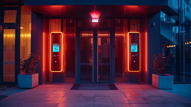 A futuristic biometric security system at the entrance of a high-tech building, featuring a sleek facial recognition scanner and fingerprint scanner, illuminated by bright, ambient lighting.