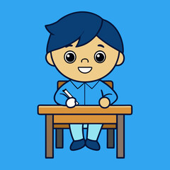 Little children sitting at the table reading books happily vector art illustration