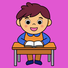 Little children sitting at the table reading books happily vector art illustration