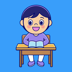 Little children sitting at the table reading books happily vector art illustration
