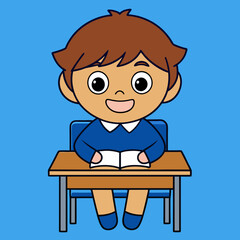 Little children sitting at the table reading books happily vector art illustration