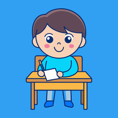 Little children sitting at the table reading books happily vector art illustration