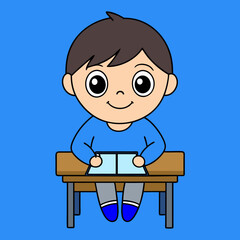 Little children sitting at the table reading books happily vector art illustration