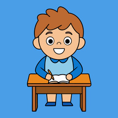 Little children sitting at the table reading books happily vector art illustration