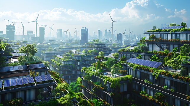 A futuristic city skyline with rooftops covered in solar panels and wind turbines integrated into buildings, under a clear, blue sky. Created using: high-resolution camera, wide-angle lens,