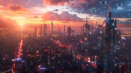 A futuristic cityscape with towering skyscrapers, sleek flying cars weaving through the air, vibrant neon lights reflecting off glass surfaces,