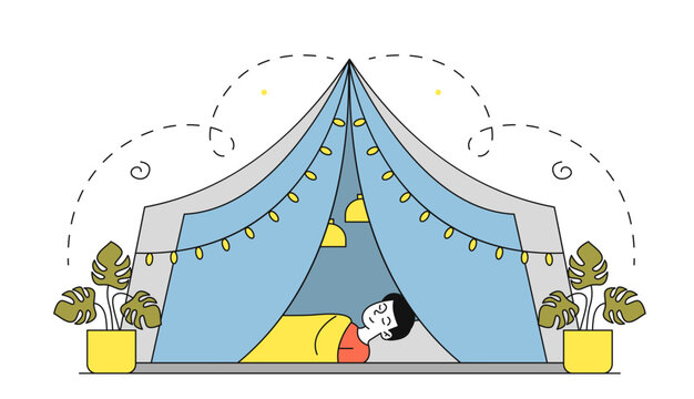 sleeping person in blue tent with lights clip art preview