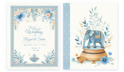 Indian wedding invitation. elegant Indian style invitation design with floral elements, wedding invitations. elephant in the front side. Watercolour design on textured white paper; text and details cu