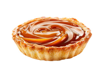 Fototapeta premium Caramel cream tart with condensed milk and crispy buttery crust, isolated on white background.