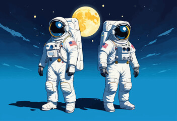 Space Exploration: Two Astronauts in White Suits Standing on a Blue Background with a Full Moon and Stars