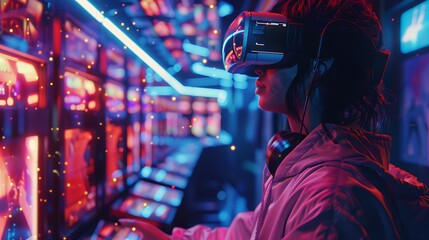 A gamer wearing AR glasses in a high-tech gaming room, engaging with virtual game elements and holographic interfaces, with vibrant neon lights and a dynamic, immersive background.