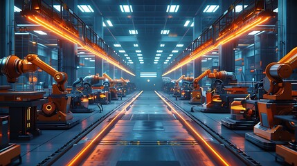 Naklejka premium A high-tech factory with automated production lines, featuring advanced robotics and AI systems working seamlessly, under bright industrial lighting. Created using: high-resolution camera,