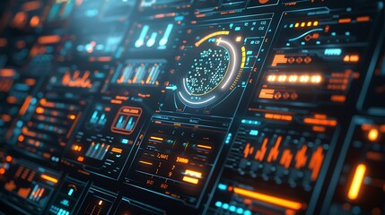 Obraz premium A high-tech interface showing AI processing real-time data, with 3D graphs, neural networks, and decision trees, set in a sleek, dark environment with glowing elements.
