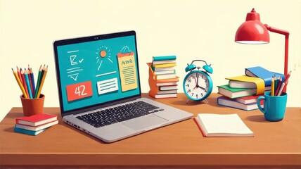 Colorful Illustration of a Vibrant Work Desk with Laptop for Productivity and Organization