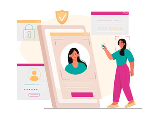 Woman with verification. Young girl enters her login and password on website. Authorization and authentication. Internet safety and personal data protection. Flat vector illustration