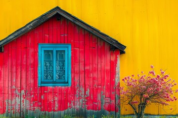 A red and yellow building with a blue window and a tree in front of it