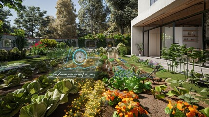 A modern home with a lush garden is enhanced with smart technology, showcasing digital overlays and data about the plants.