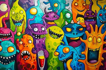 Obraz premium A group of colorful monsters painted on a wall