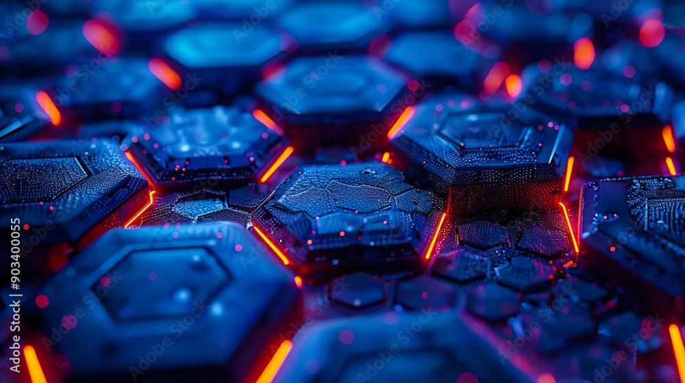 Poster A close up of a bunch of hexagons with red and blue lights