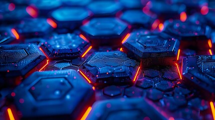 Obraz premium A close up of a bunch of hexagons with red and blue lights