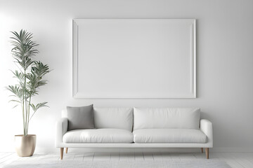 Fototapeta premium modern interior design, white-toned white walls, a piece of furniture, a mock-up frame