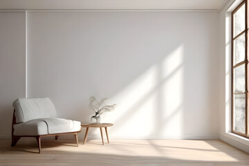 modern living room with furniture, blank white paper on white wall, white brick wall background