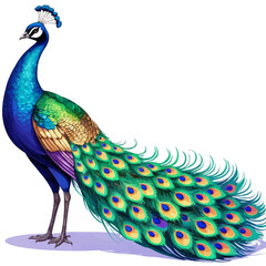 Peacock with vibrant tail feathers